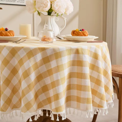 Miniatura 27 de JIALE - Mantel cuadrado de lino de algodón de cuadros Gingham con borlas, lavable, sin arrugas, mantel a cuadros de búfalo para fiesta al aire