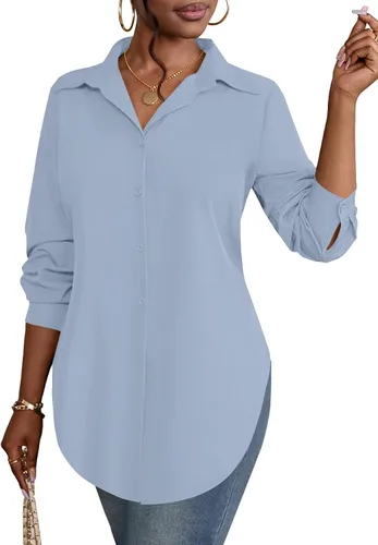 Miniatura 30 de Rooscier Blusa larga con cuello en V para mujer, manga larga, abertura lateral, con botones