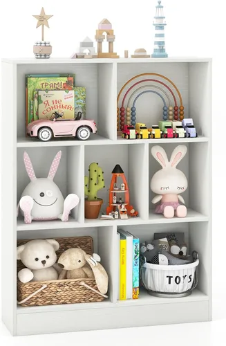 Miniatura 14 de Costzon 7-Cube Bookshelf for Kids, Wooden Toy Storage Organizer w/ 2 Anti-Toppling Kits, 3 Tier Open Shelves & Non-Slip Foot Pads, Montessori Toy