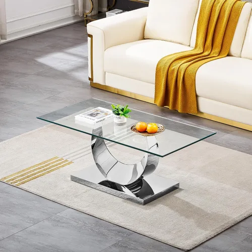 Miniatura 151 de Mesa de centro de cristal de lujo, mesa de centro de sofá de 47 pulgadas con marco de acero inoxidable dorado y parte superior de vidrio negro, mesa