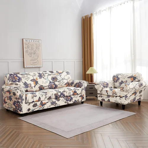 Miniatura 8 de SearchI - Funda de sofá elástica con estampado floral, 3 piezas, incluye 2 fundas de cojín independientes, protector lavable para muebles de sala