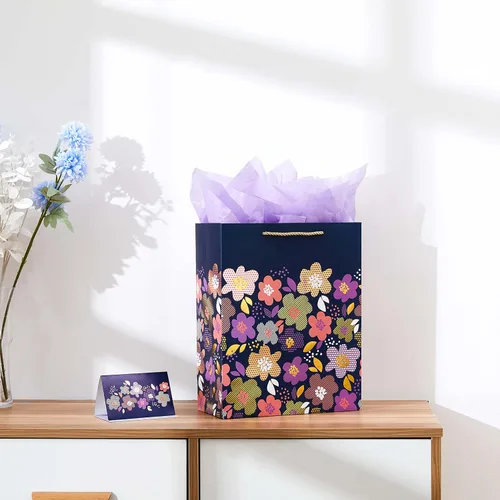 Miniatura 5 de SUNCOLOR Bolsa de regalo floral grande con papel de seda y tarjeta, diseño de flores coloridas, azul profundo, 13 x 10.2 x 4.7 pulgadas, para mujer