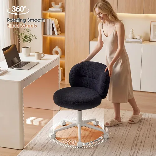 Miniatura 5 de Homkdom Silla de escritorio redonda pequeña, silla de tocador sin brazos con ruedas, altura ajustable y giratoria de 360°, bonita silla de Negro