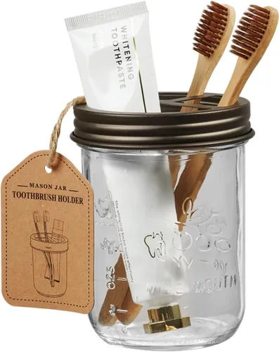 Miniatura 5 de Amolliar Mason Jar - Juego de accesorios de baño (4 unidades), dispensador de jabón espumoso y soporte para cepillo de dientes, decoración rústica