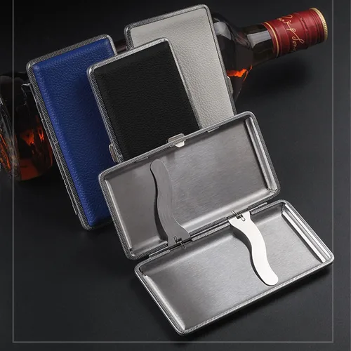 Miniatura 3 de Estuche para Cigarrillos Elegante de Superficie de Cuero con Caja de Metal para 14 Cigarrillos. Estuche de Doble Cara con Clip de Resorte para Negro