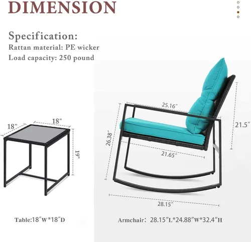 Miniatura 6 de SUNCROWN Juego de 3 sillas mecedoras para exteriores, juego de mimbre para patio, muebles de conversación con cojines y mesa de centro de cristal