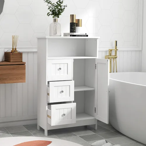 Miniatura 2 de Armario de piso de baño blanco de 39.4 pulgadas de alto, gabinete de almacenamiento independiente, organizador de almacenamiento lateral con 3