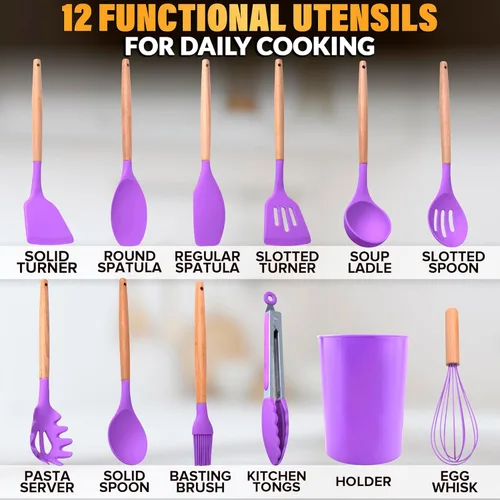 Miniatura 2 de Juego de 12 utensilios de cocina morados con soporte, versátil juego de utensilios de silicona para cocinar y hornear, suave con ollas y sartenes