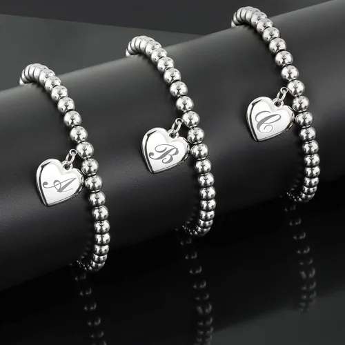 Miniatura 6 de Estendly - Pulsera de cuentas de acero inoxidable de 6mm con dije en forma de corazón e inicial, 26 letras, ideal como regalo de cumpleaños