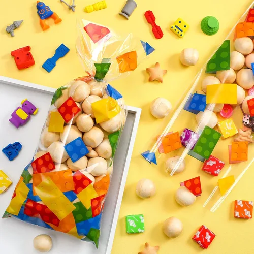 Miniatura 3 de 100 bolsas de celofán con bloques de construcción, suministros para fiesta de cumpleaños, bolsas de dulces con 100 lazos plateados para recuerdos