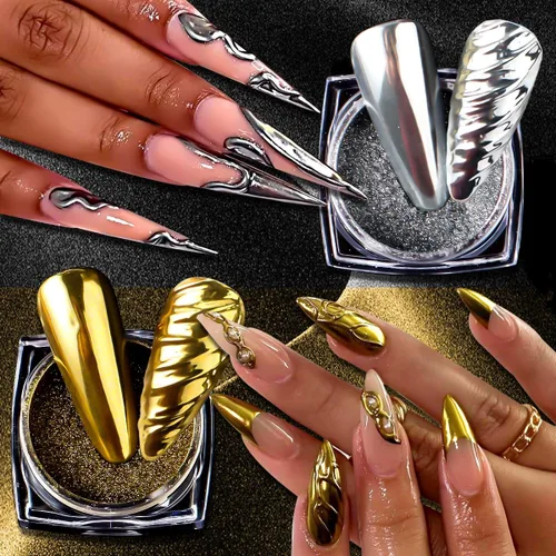 Miniatura 5 de Kit de polvo de uñas cromado de 6 colores, polvo cromado negro dorado rosa para uñas, pigmento de efecto espejo mágico, polvo metálico de frotación