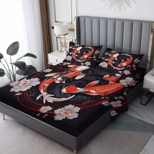 Miniatura 9 de Juego de sábanas de tamaño individual – Sábanas de cama de pez Koi japonés, sábanas y fundas de almohada, sábanas y fundas de almohada, microfibra
