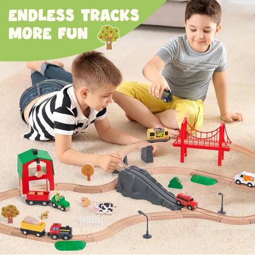 Miniatura 8 de Giant bean Juego de tren de granja de madera de 42 piezas para niños pequeños, tren que funciona con pilas, vía de tren con puente, granero, Juego