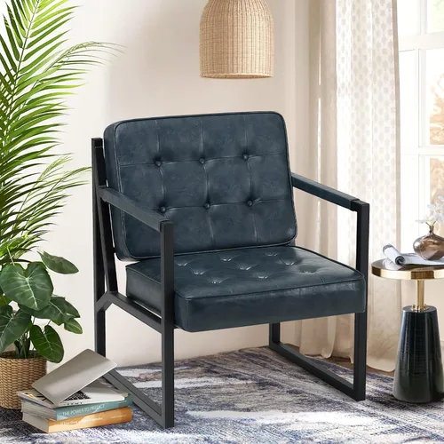 COLAMY Silla decorativa moderna, sillón con brazo decorativo para sala de estar, cómodo sillón de cuero con patas de metal para dormitorio, Azul