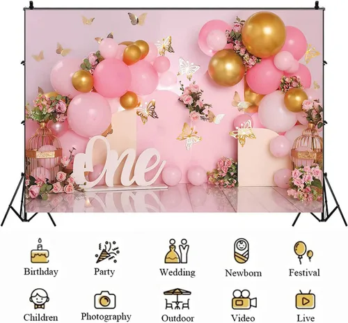 Miniatura 4 de Telón de fondo de 1er cumpleaños para niña, globos rosados, mariposa dorada, dulce para niños, decoración de fiesta de cumpleaños, fotografía