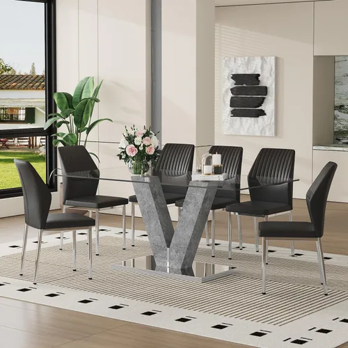 Miniatura 10 de Juego de mesa de comedor de cristal moderno de 71 pulgadas para 6, juego de mesa de comedor de 7 piezas con sillas y mesa de vidrio templado