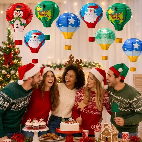 Miniatura 5 de Faroles de papel de globo aerostático de 12 pulgadas, decoraciones de Navidad en julio, decoración colgante de Papá Noel y estrella para fiesta