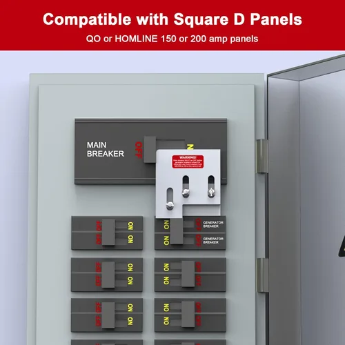Miniatura 2 de Kit de bloqueo de generador compatible con paneles Square D QO o Homeline de 150 o 200 amperios. 1 3/8 pulgadas de espaciado entre el interruptor