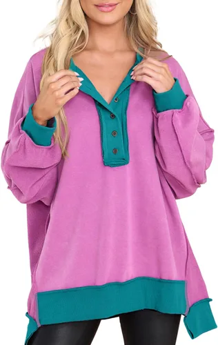 Miniatura 79 de AlvaQ - Sudadera de gran tamaño para mujer, informal, de manga larga, con botones y cuello Henley, tipo túnica
