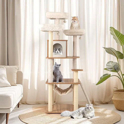 Miniatura 9 de Tangkula Árbol alto para gatos, torre para gatos de madera moderna de 68 pulgadas con postes rascadores de sisal, 3 perchas acolchadas, condominio