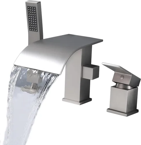 Miniatura 13 de Grifo de bañera romana tipo cascada con ducha de mano, grifo llenador de bañera de montaje en cubierta con rociador, juego de grifería de ducha