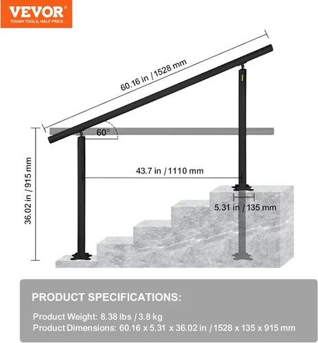 Miniatura 7 de VEVOR Kit de barandilla para escaleras al aire libre, pasamanos de 5 pies de 0 a 5 escalones, barandilla de aluminio negro de ángulo ajustable