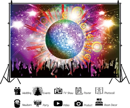 Miniatura 3 de AOFOTO Telones de fondo de bola de discotecas de 5 x 3 pies para fotografía, luces de neón brillantes, música, club, baile, DJ, tema de sesión