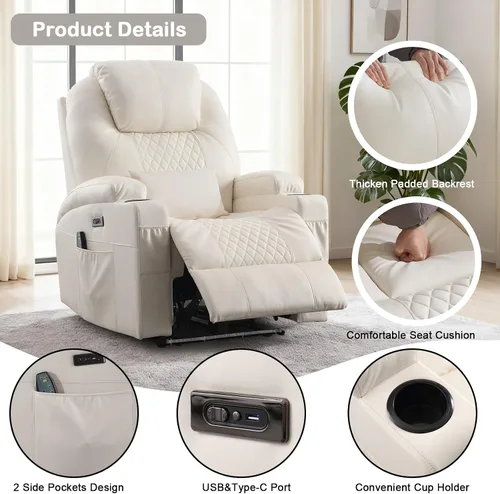 Miniatura 5 de Silla reclinable eléctrica con calor y masaje para adultos, asiento de cine en casa con luces LED, portavasos, bolsillo lateral, puerto USB, sofá