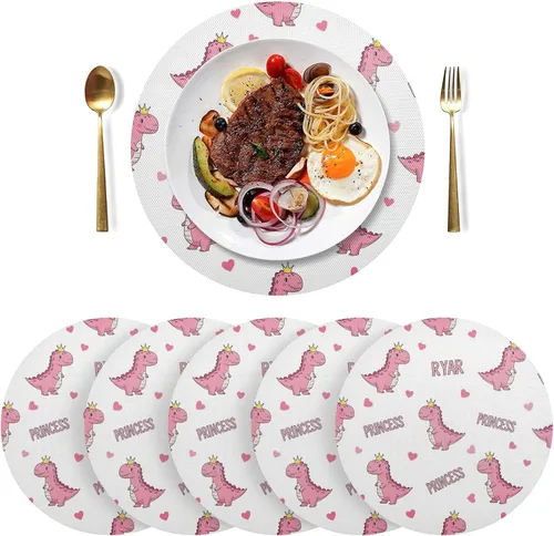 Miniatura 3 de Cute Pink Cartoon Dinosaurs Dinner Table Placemats, Heat Resistant Non Slip PVC Placemats Round for Kitchen one sizex4