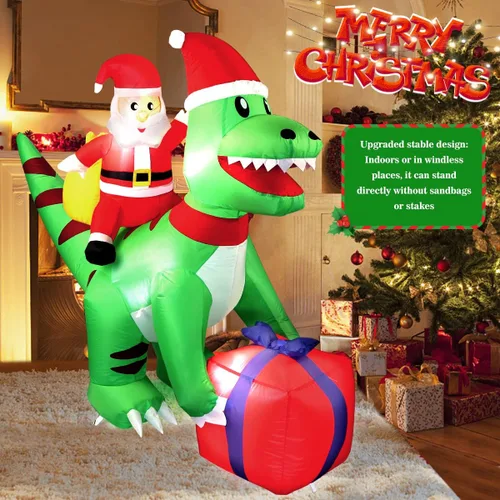Miniatura 7 de Dinosaurio inflable de Navidad de 5 pies con Papá Noel, luces LED, decoración de patio para interiores y exteriores, T-Rex verde con caja de regalo