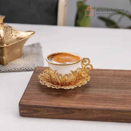 Miniatura 2 de Alisveristime Juego de tazas de café turco, porcelana blanca y metal de zinc con motivos turcos, 6 tazas y platillos (dorado)
