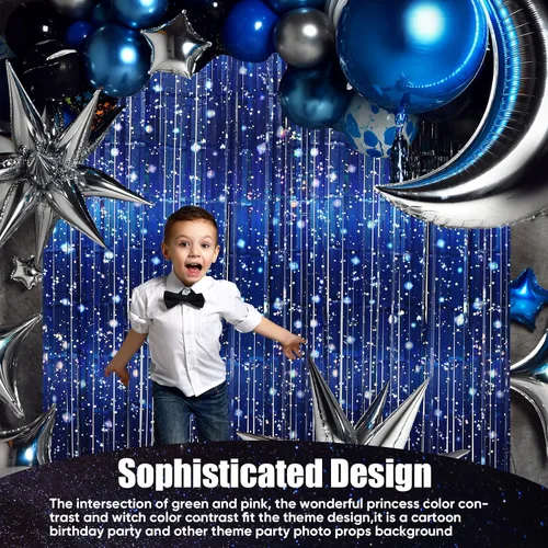 Miniatura 2 de Tingjoo Paquete de 2 cortinas de papel de aluminio de galaxia para decoraciones de fiestas temáticas espaciales, cortinas de oropel iridiscente azul