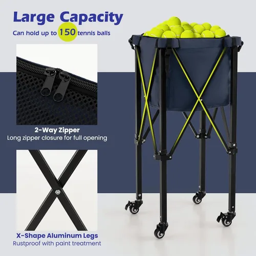 Miniatura 2 de GYMAX Tolva de pelota de tenis, carrito plegable para 150 pelotas de tenis con bolsa de transporte, marco de fácil montaje, bolsa extraíble y 4 Azul