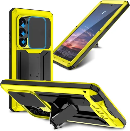 Miniatura 16 de Funda de metal compatible con Samsung Galaxy S22, resistente al polvo, de grado militar, con cubierta deslizante para cámara y soporte plegable