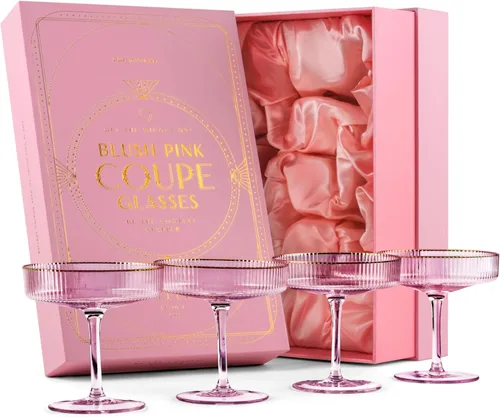 GLASSIQUE CADEAU Vasos vintage Art Deco Blush Pink Coupé con bordes dorados | Juego de 4 | Cristalería de cóctel acanalada de cristal de 7 onzas