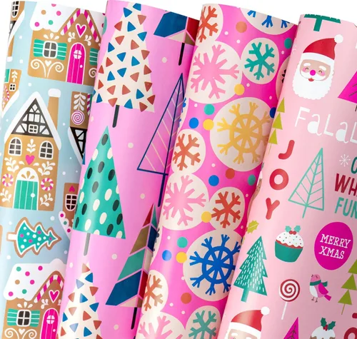 WRAPAHOLIC Hoja de papel de regalo de Navidad, 12 hojas de diseño de árbol de Navidad rosa y casa, plegada plana con 12 etiquetas de regalo para