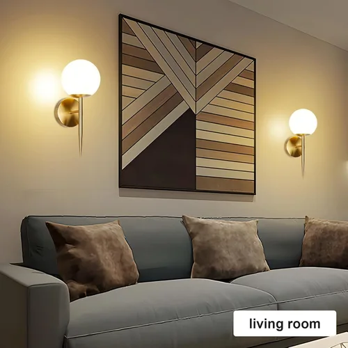 Miniatura 7 de Juego de 2 apliques de pared modernos de globo dorado, lámpara de pared industrial de mediados de siglo con pantalla de vidrio de globo blanco