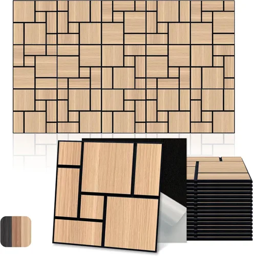 Miniatura 22 de Mollywell Paneles acústicos, decoración de grano de madera de PVC, azulejos de pared con patrón tallado de 12 x 12 pulgadas, autoadhesivos