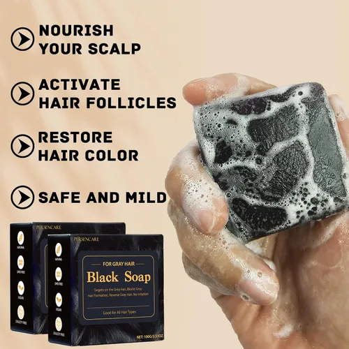 Miniatura 3 de 2 piezas de jabón negro sin brasas a base de hierbas para reversa gris, aceite de ricino Fo Ti para oscurecer y engrosar, barra de champú