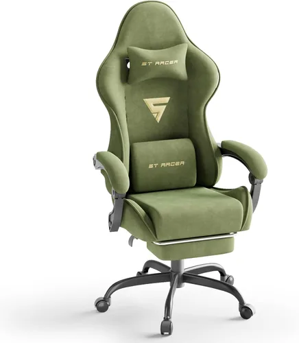 Huracan Silla de juegos de tela de terciopelo con reposapiés para adultos, sillas ergonómicas para juegos con base de masaje, silla reclinable para