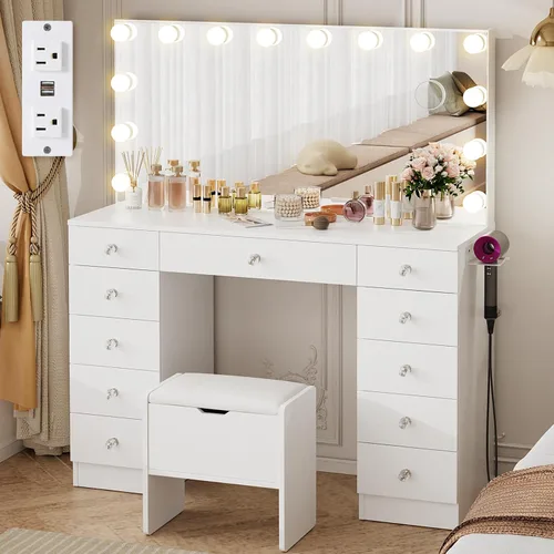 Miniatura 8 de VOWNER Tocador con espejo iluminado - Escritorio de maquillaje con luces y 11 cajones, 3 modos de iluminación de color con brillo ajustable