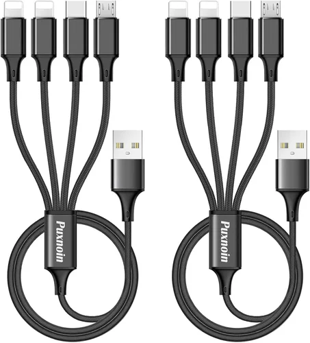 Puxnoin Cable de carga múltiple, paquete de 2 cables de carga 4 en 1 de 4 pies para múltiples dispositivos, cable de carga universal trenzado para