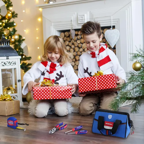 Miniatura 7 de WORKPRO Juego de herramientas de mano para niños de 9 piezas, kit de herramientas junior azul con bolsa de almacenamiento para niños, niñas, niños