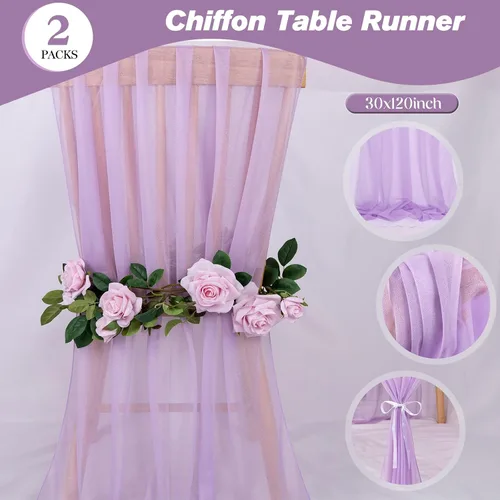 Miniatura 4 de Paquete de 2 caminos de mesa de gasa lavanda de 30 x 120 pulgadas, tela transparente romántica para decoraciones de boda, baby shower de 10 pies