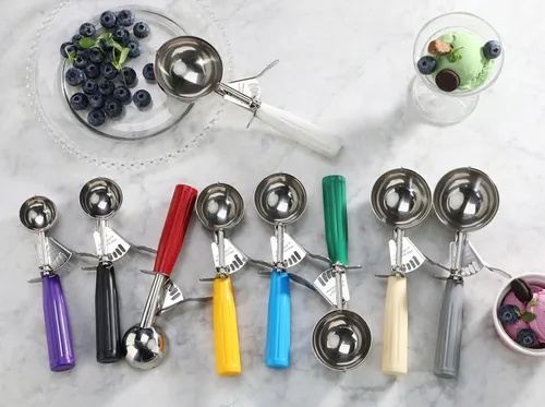 Miniatura 6 de New Star Foodservice 34905 cuchara de presión para pulgar de grado comercial/cuchara para helado, acero inoxidable 18/8, 0.875 oz, tamaño 40, púrpura
