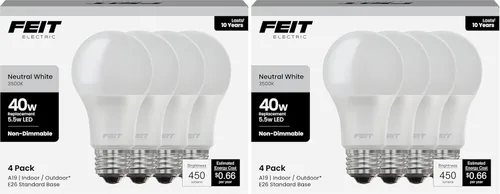 Miniatura 10 de Feit Electric Bombillas LED A19, equivalente a 40 W, no regulables, 450 lúmenes, base estándar E26, blanco suave de 2700 K, 80 CRI, vida útil de 10
