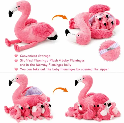 Miniatura 2 de Juguetes de peluche de flamenco de 21 pulgadas con 4 bebés de felpa suave, color rosa, lavable a máquina, para cumpleaños, niños pequeños