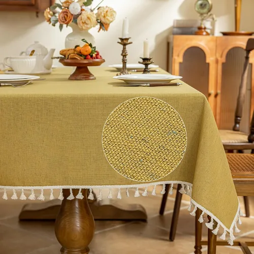 Miniatura 9 de AmHoo Mantel de mezcla de lino, mantel rectangular de 7.12 oz/m² con costuras y borlas para cocina, comedor, boda, bufé, 55 x 55 pulgadas