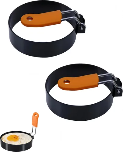 2 anillos redondos de acero inoxidable antiadherentes de 3.5 pulgadas con mango de silicona naranja, anillos de huevo para freír huevos, anillos