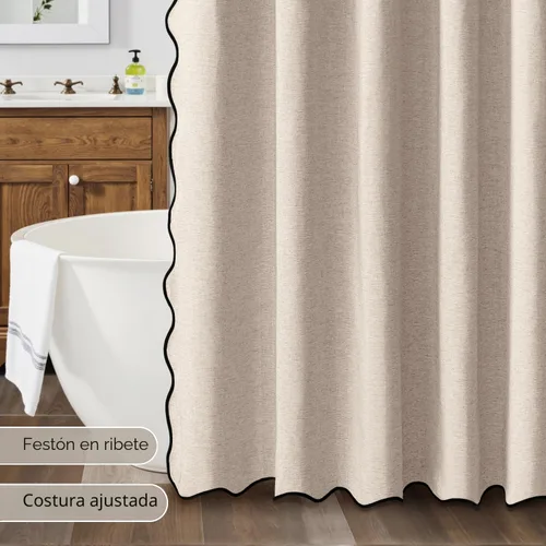 Miniatura 5 de MIULEE Cortina de ducha festoneada de lino texturizado con 12 ganchos de metal, bonita cortina de ducha de tela gruesa resistente, lavable, Negro